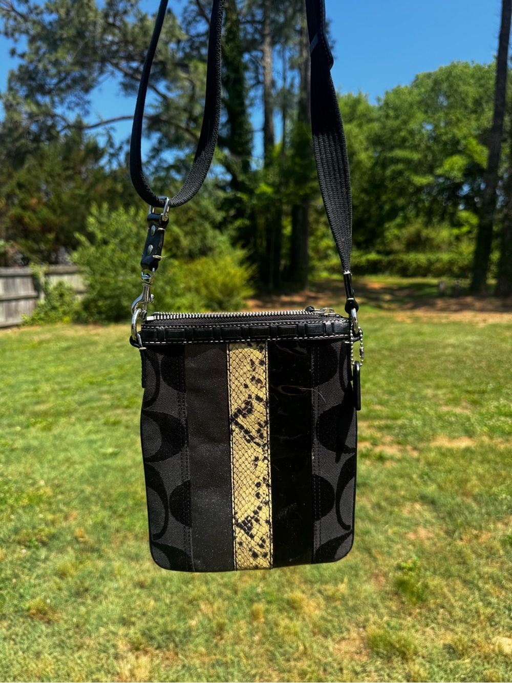 Coach Black Crossbody with Snake-Print Center Stripe